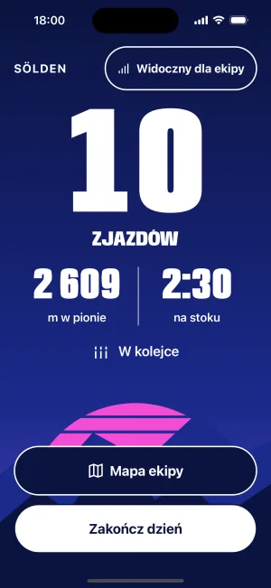 Ekran jazdy w aplikacji: liczba zjazdów, metry w pionie i czas na stoku.